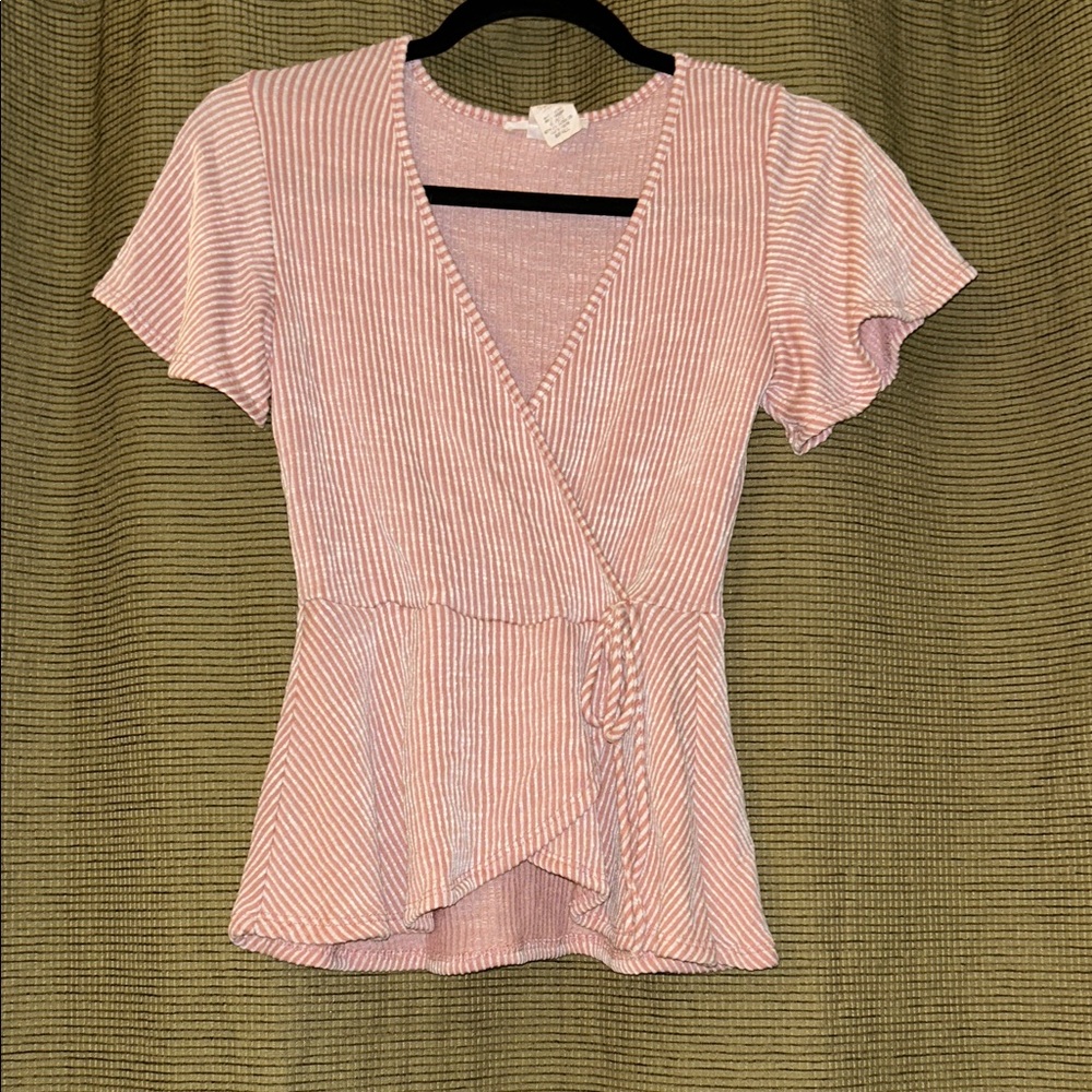 Caution To The Wind Pink Striped Faux Wrap Blouse